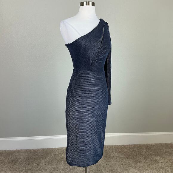 Betsy & Adam Metallic One Shoulder Midi Sheath Cocktail Party Dress Blue Size 6 - Picture 2 of 11